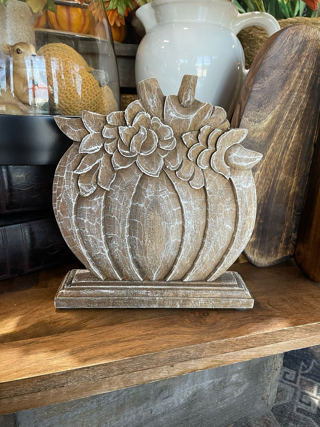 VHC Floral Crown Carved Wooden Pumpkin 8x9