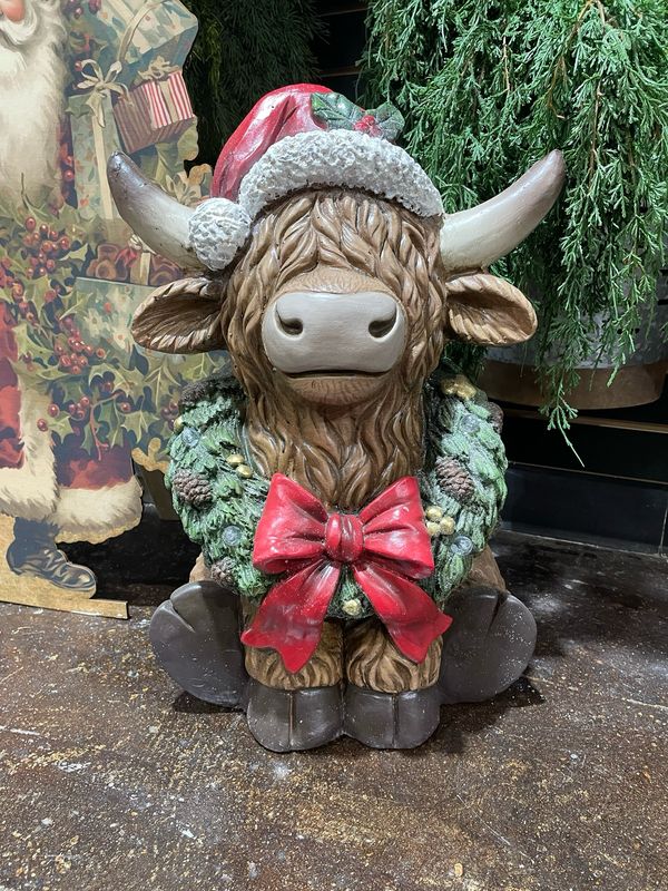 Han Lighted Wreath Highland Cow 14x12x22