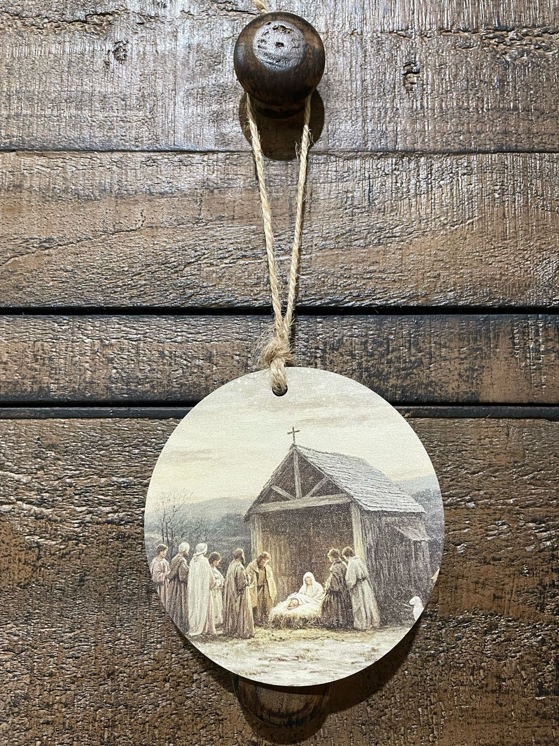 Red Nativity Scene Wood Orn 4&quot;