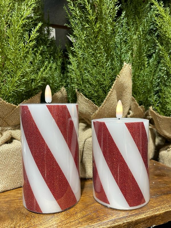 Rag 5&quot; Red 3D Flame Candy Cane Pillar Candle