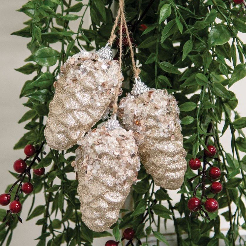 Col Trio Champagne Glitter Hanging Pinecone