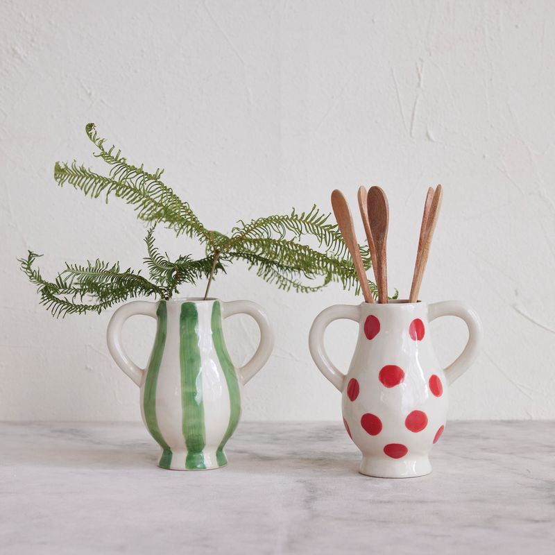 CCO Green Stripes Vase w/handles 6&quot;