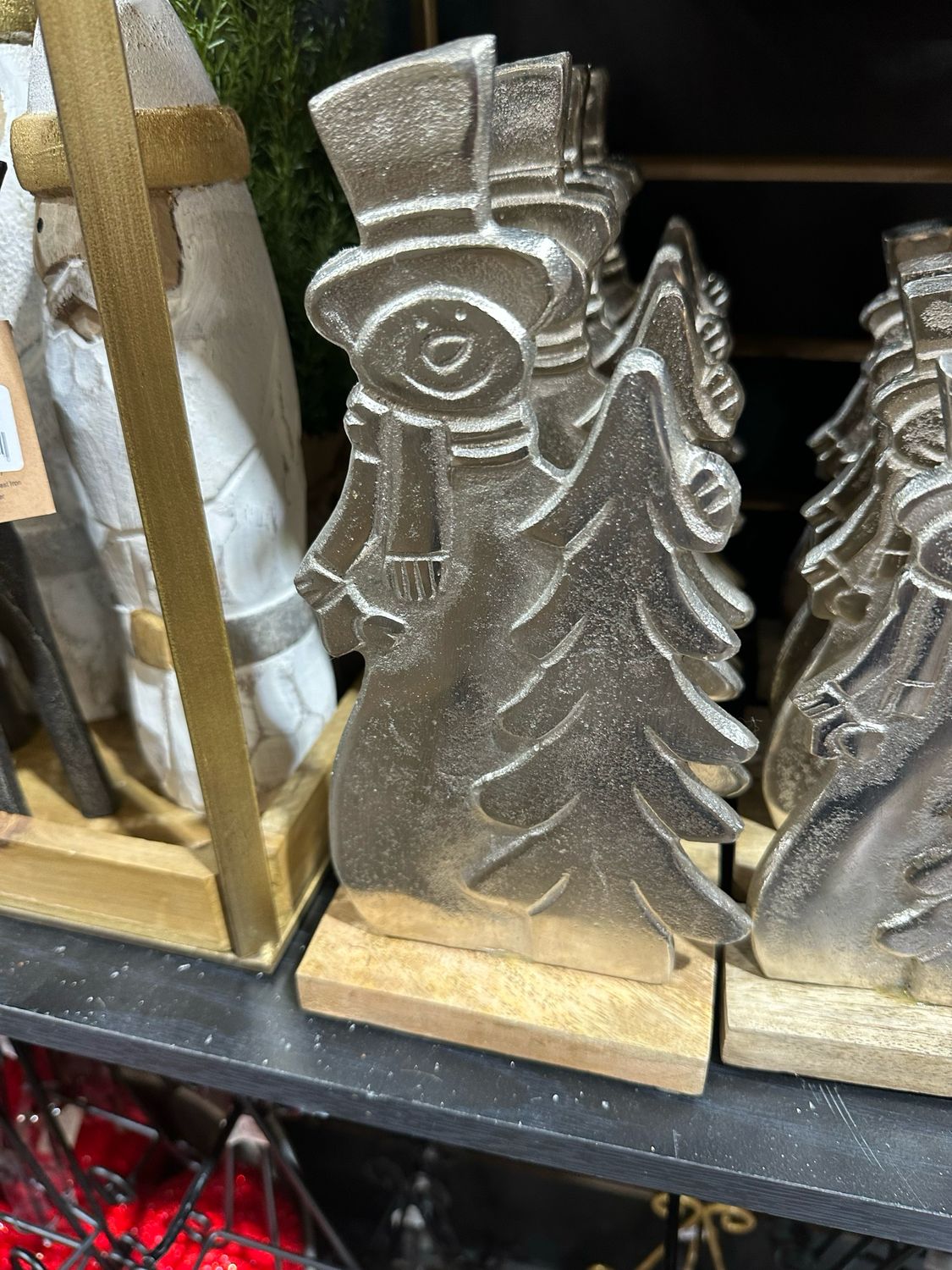 WTC Lg Silver Metal Snowman/Tree On Stand 10.25&quot;