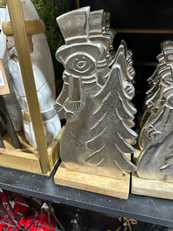 WTC Lg Silver Metal Snowman/Tree On Stand 10.25&quot;