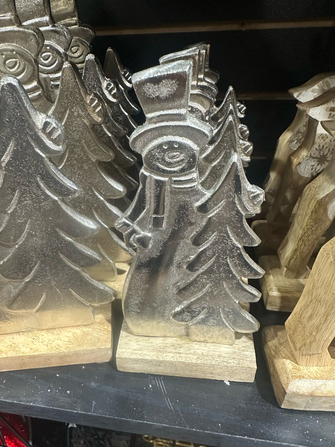 WTC Sm Silver Metal Snowman/Tree On Stand 8.5&quot;