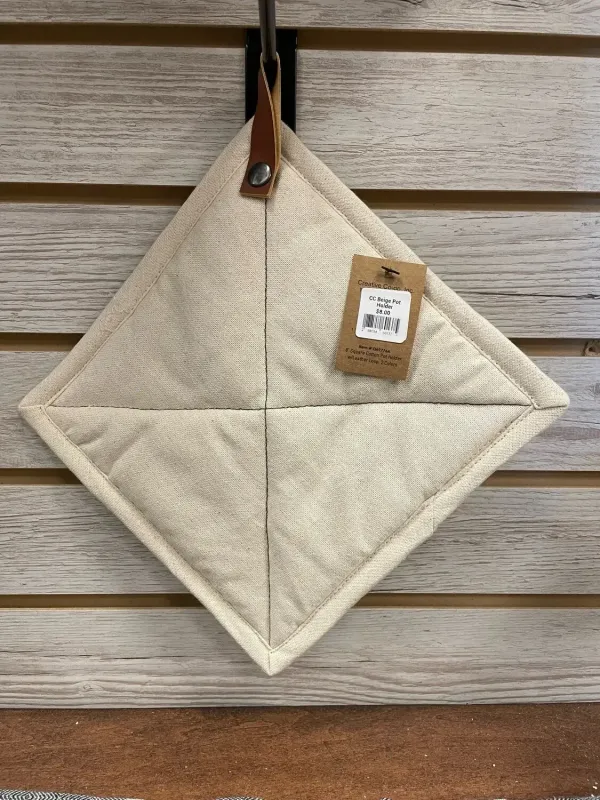 CC Beige Pot Holder W/Leather Loop