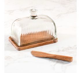 Pdg Glass &amp; Wood Butter Dish W/Wood Knife