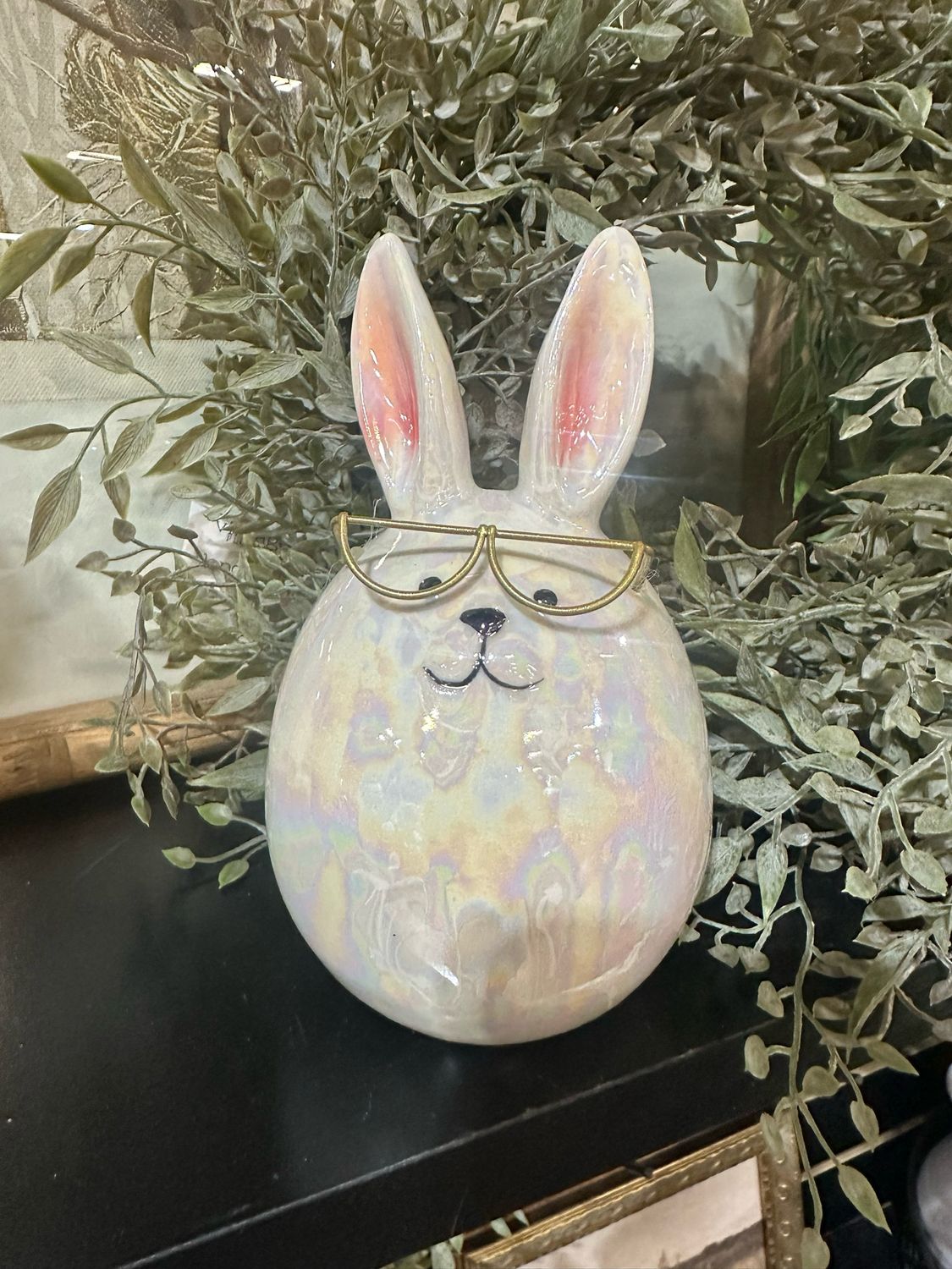 Raz 5.75" Iridescent White Egg Bunny w/glasses