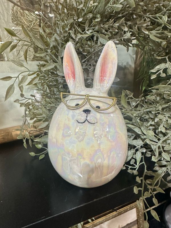 Raz 5.75" Iridescent White Egg Bunny w/glasses