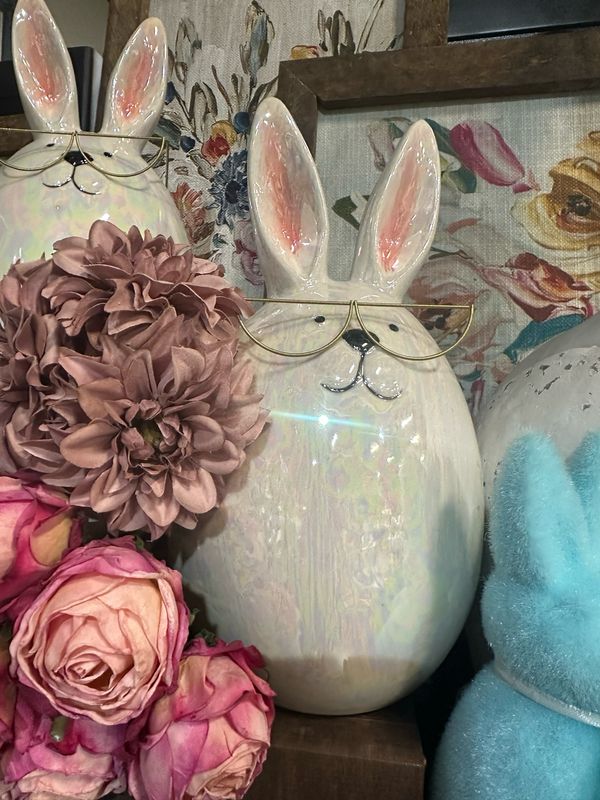 Raz 10.5" Iridescent White Egg Bunny w/glasses