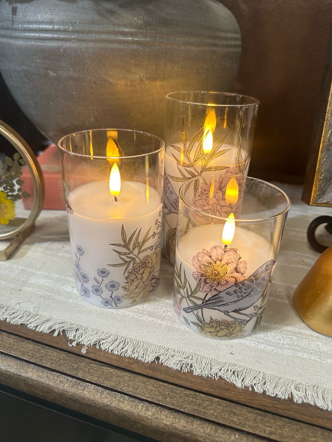 Ger S/3 B/O Glass LED Candles Bird &amp; Flowers