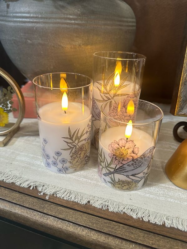 Ger S/3 B/O Glass LED Candles Bird &amp; Flowers