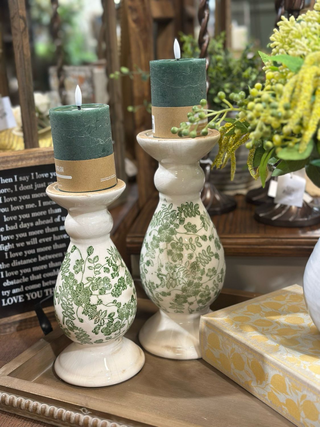 AB Green Ivy White Ceramic Candle Holder 10.5"