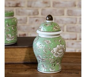 Pdg 8.6" Green Floral Jar Raised Lid