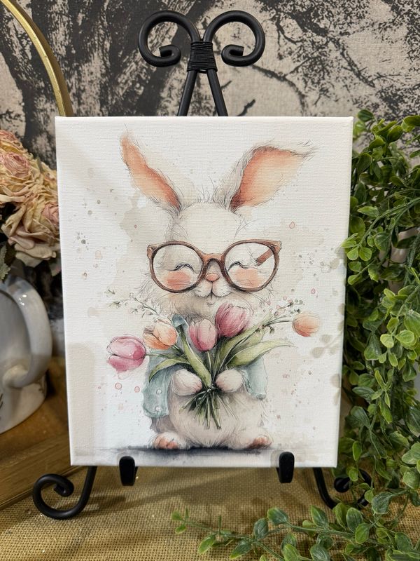 RNH Glasses Bunny Tulips Art Canvas 8x10