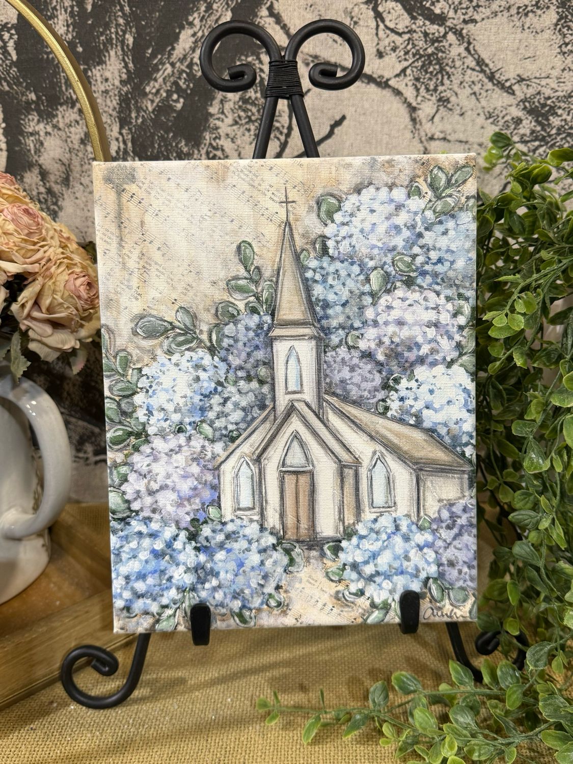 RNH Blue Floral &amp; Church Art Canvas 8x10