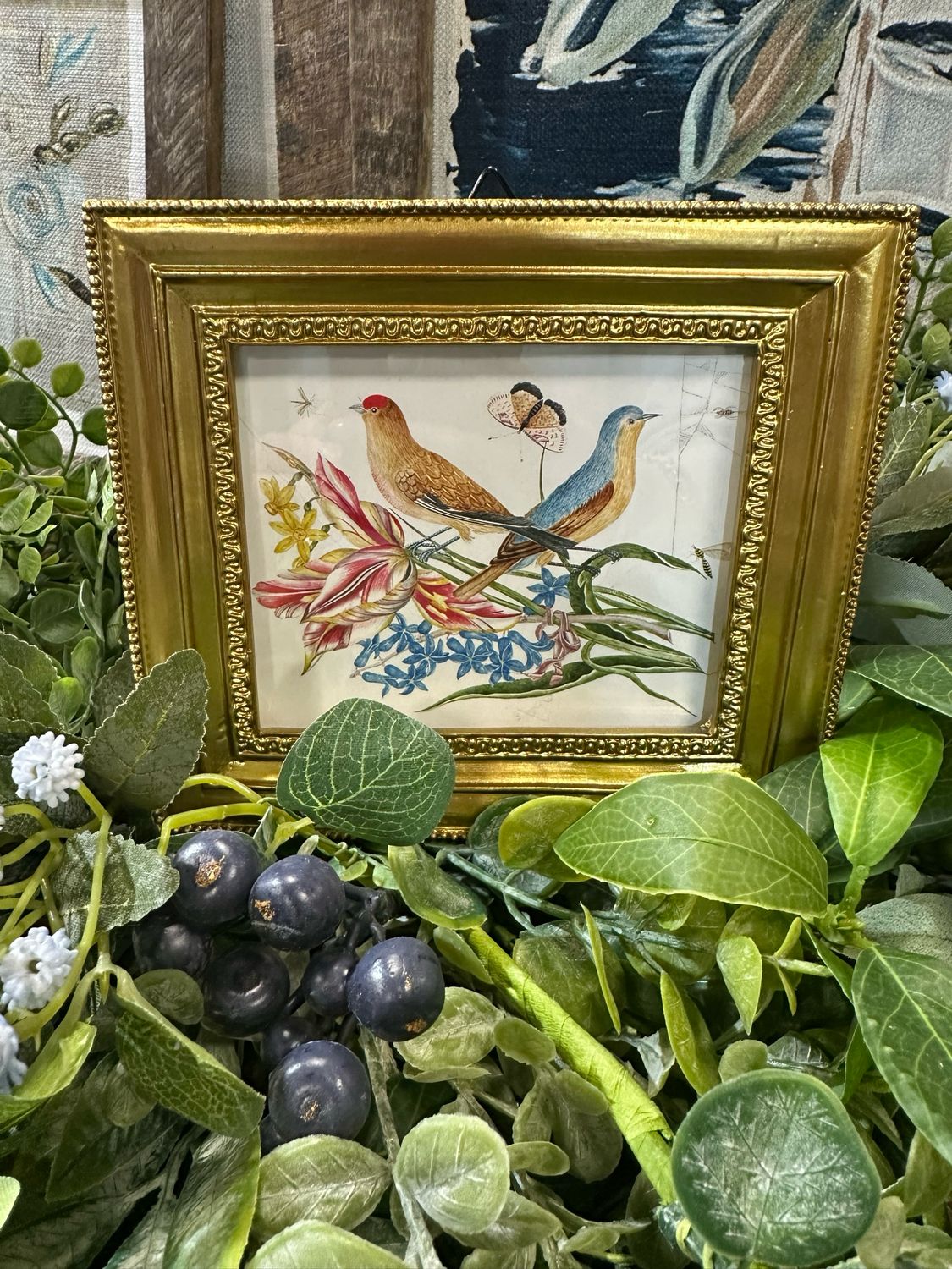ARL 6" Gold &amp; Blue Birds Spring Revival Mini Framed Art