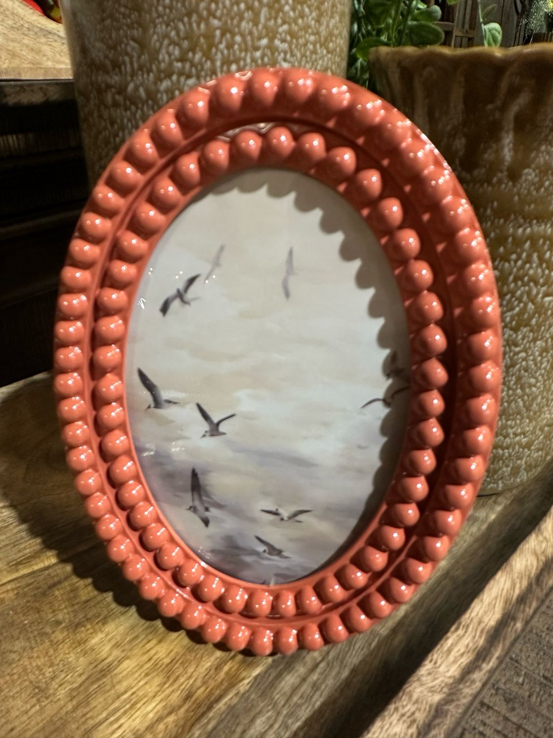 CCO Oval Coral Bobbin Framed Birds Art 7.25x5.25