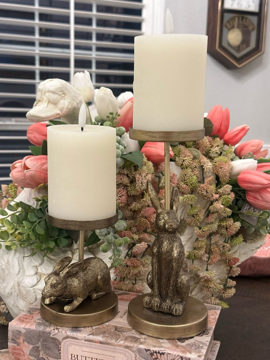 Rag Gold Sitting Bunny Pillar Candle Holder 8.5"