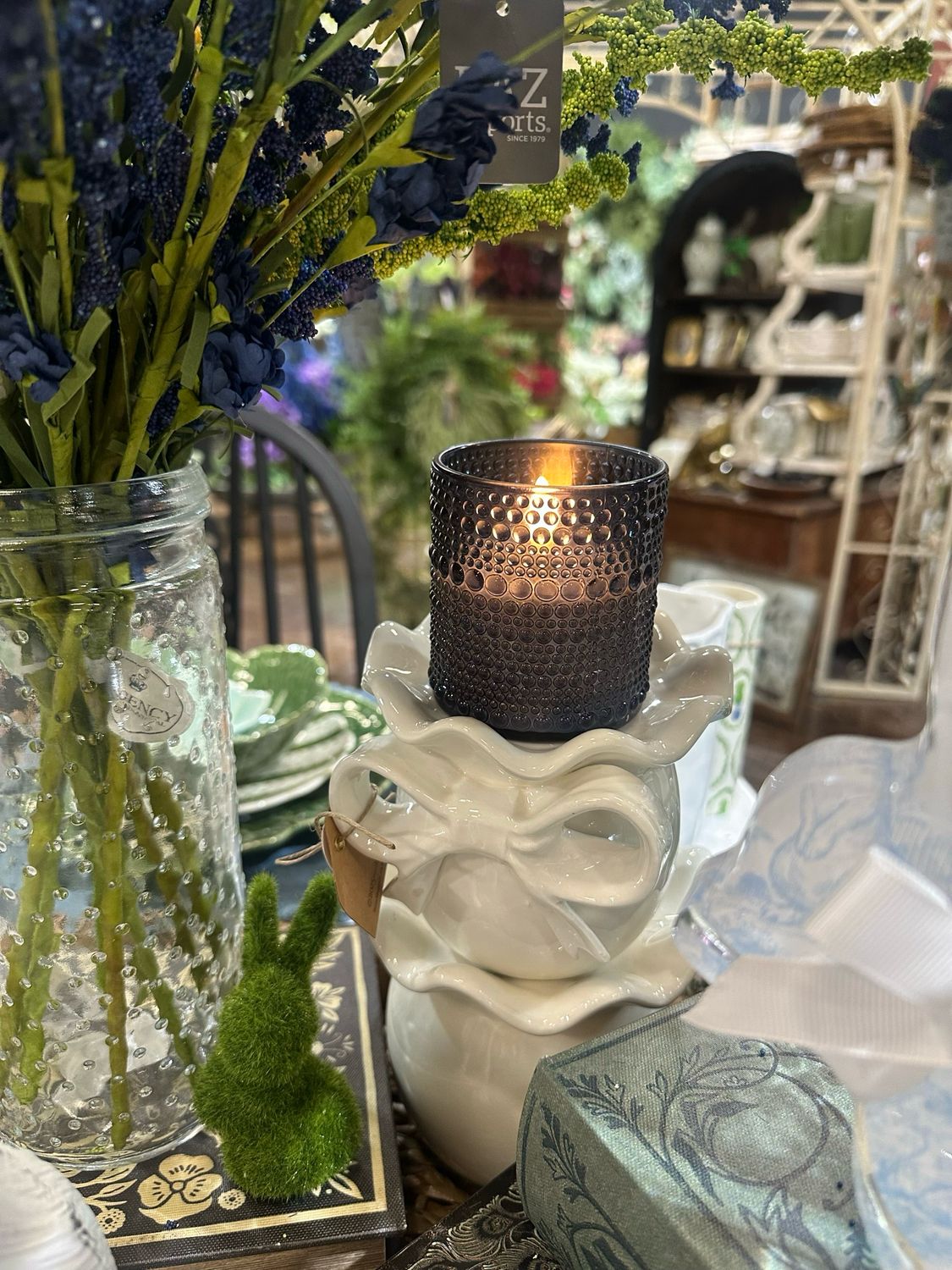 Rag 3.25" Navy Dotted Glass 3D Flame Candle