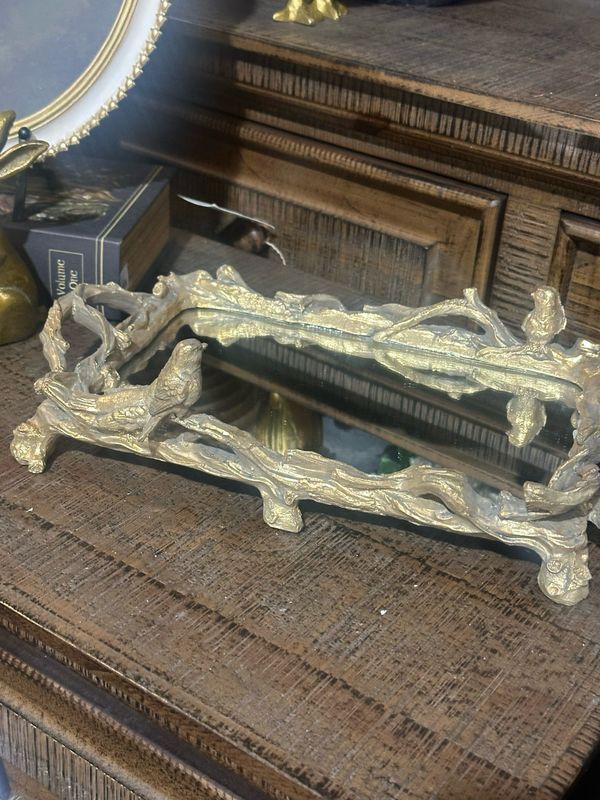 AB Gold Branch &amp; Birds Rec Mirror Tray 16x9.5