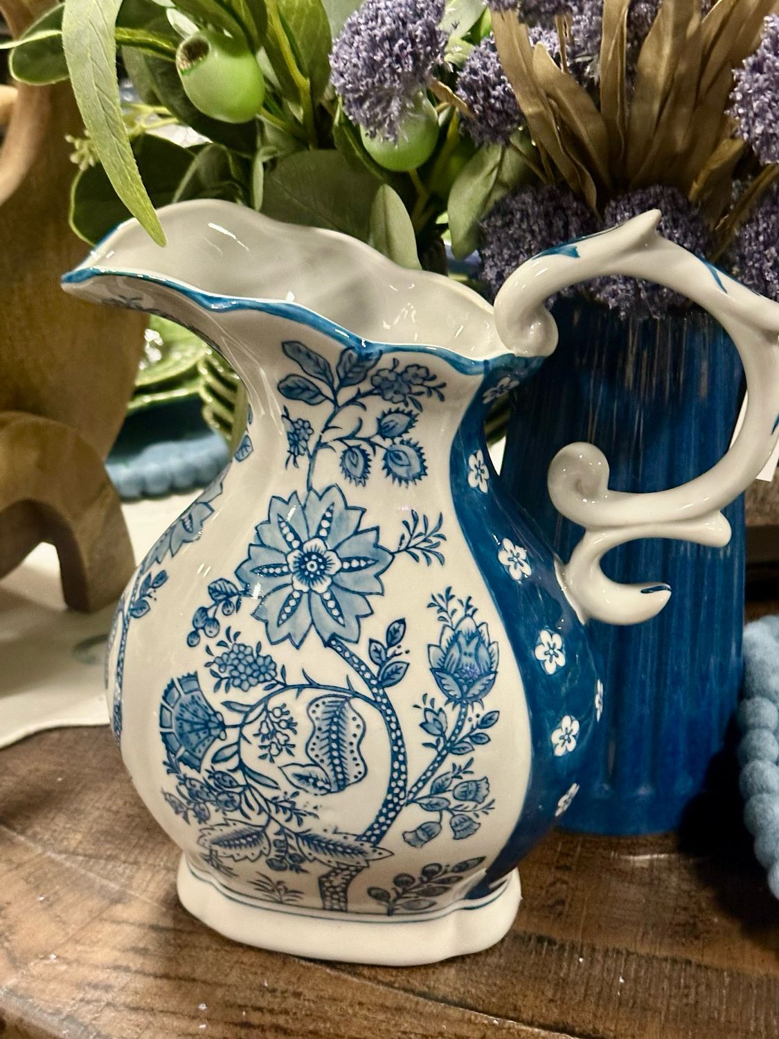 AB Blue Floral Pitcher Vase 10.5"