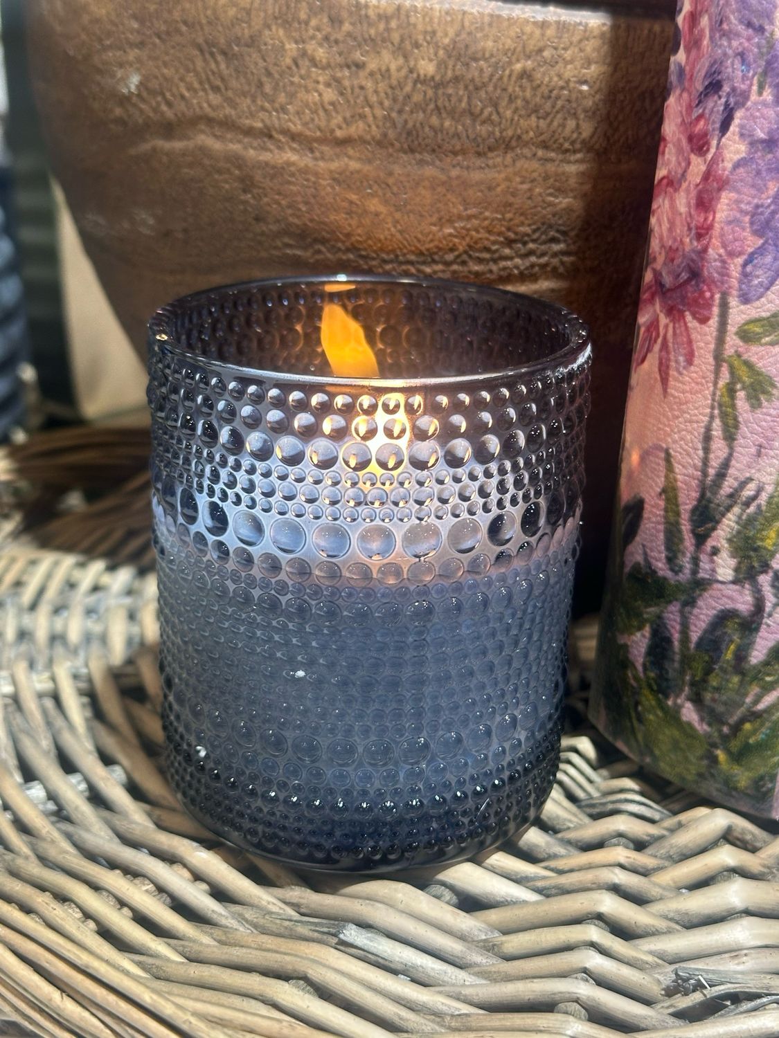 Rag 4" Navy Dotted Glass 3D Flame Candle