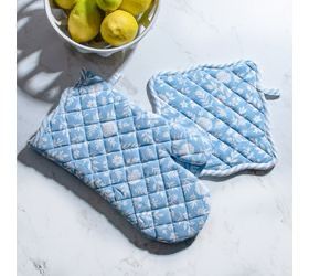 PDG Lt Blue Floral Pot Holder/Mit Set