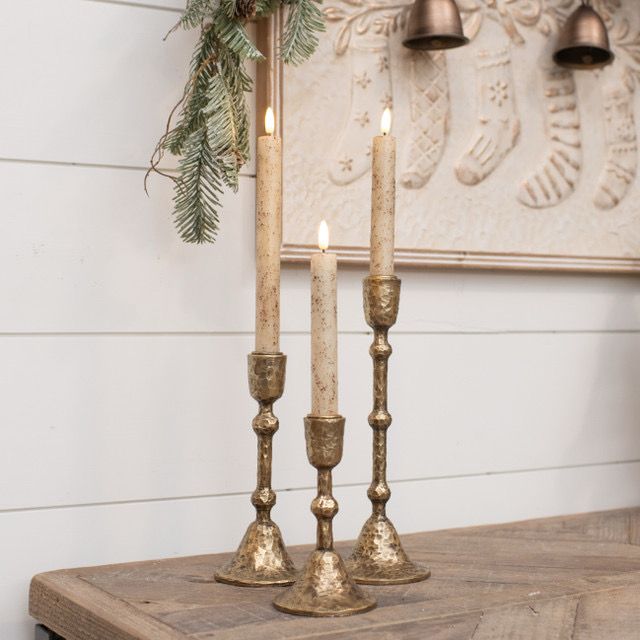 Rag Lg Aged Gold Taper Candlestick 9"