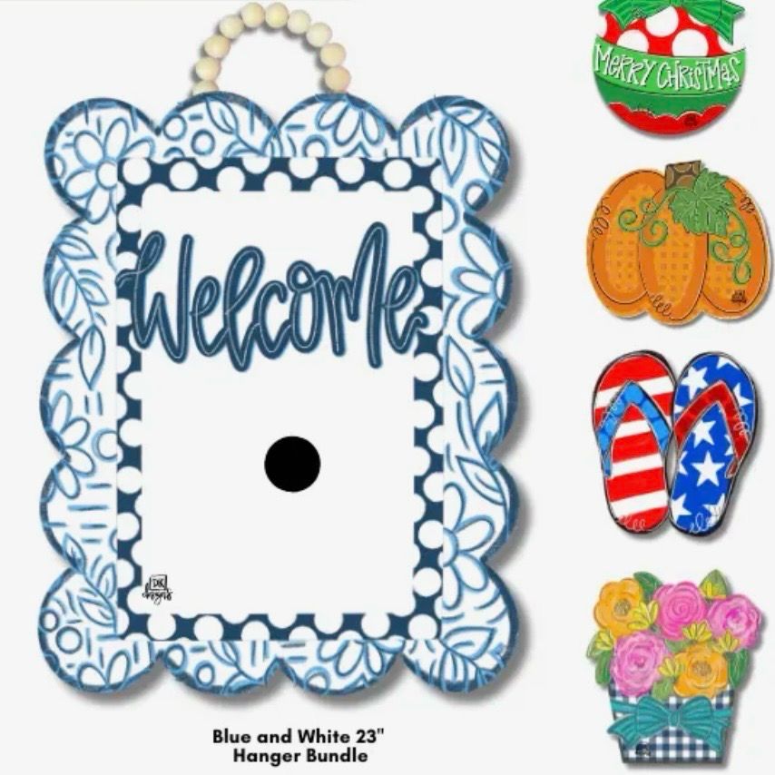 DKD Welcome Blue &amp; White Door Hanger Bundle w 4 Minis 18.25x26.75