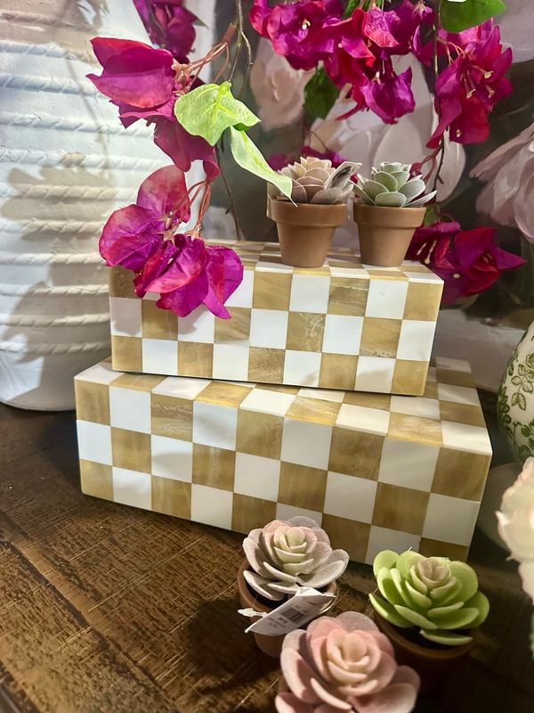 PDG Sm Beige White Resin Check Box 8.2x4.6x3
