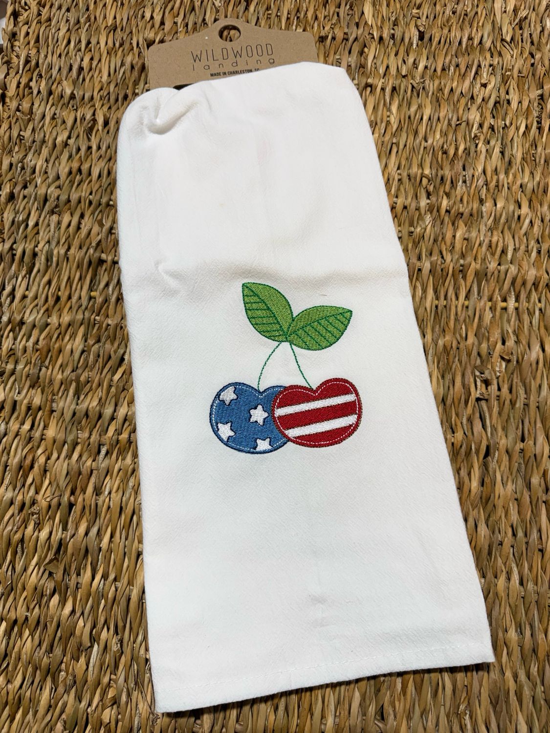 WWL Patriotic Cherry Embroidered Tea Towel