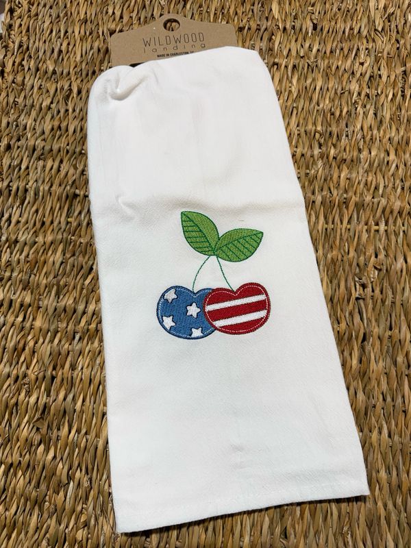 WWL Patriotic Cherry Embroidered Tea Towel