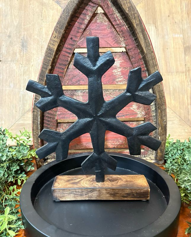 WTC Sm Blk Metal Snowflake On Dk Wood Stand 10.75x9x2