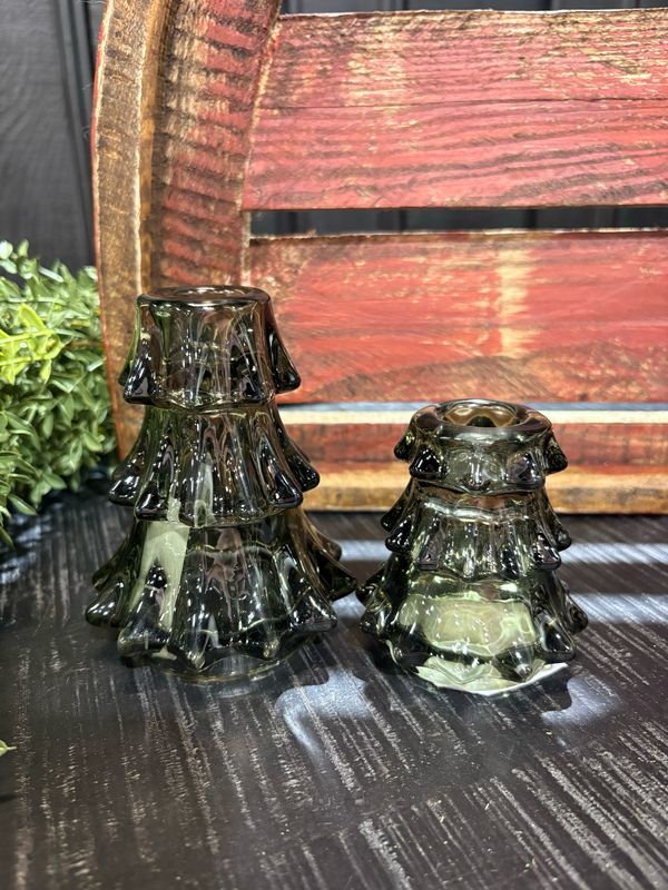 WTC Sm Green Glass Tree Taper Holder 3"