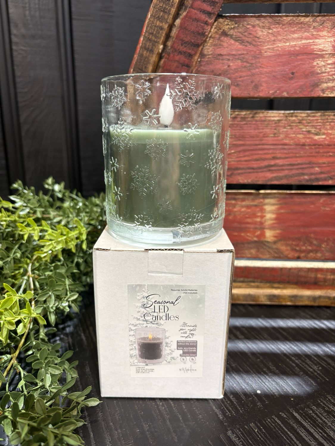 WTC Sm Green Snowflake Glass Jar LED Candle 4x3.25