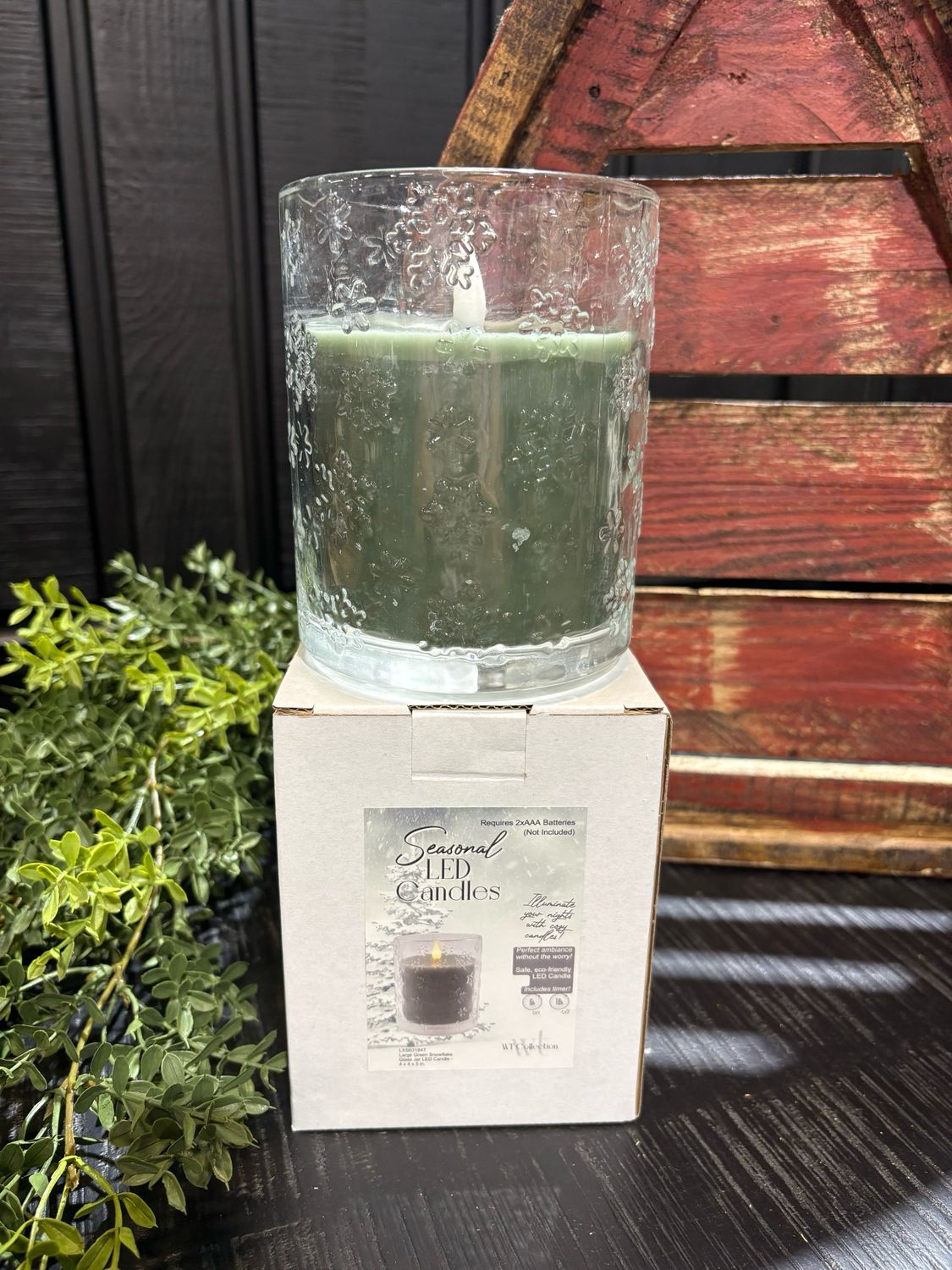 WTC Lg Green Snowflake Glass Jar LED Candle 5x4