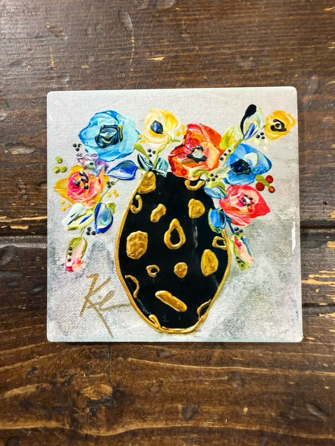 SCM 4x4 Coaster Black &amp; Gold Vase Floral