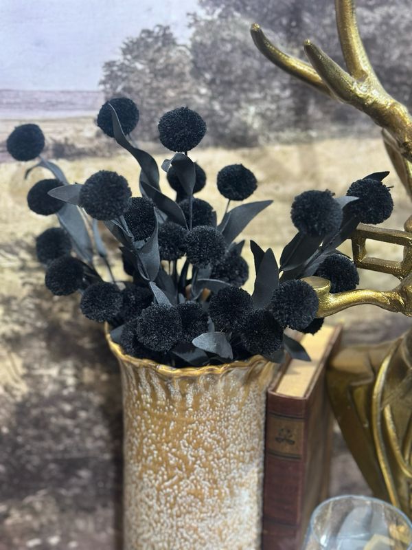 KKI 13" Black Pompom Pick w Black Eva Leaves Bundle 6 Stems