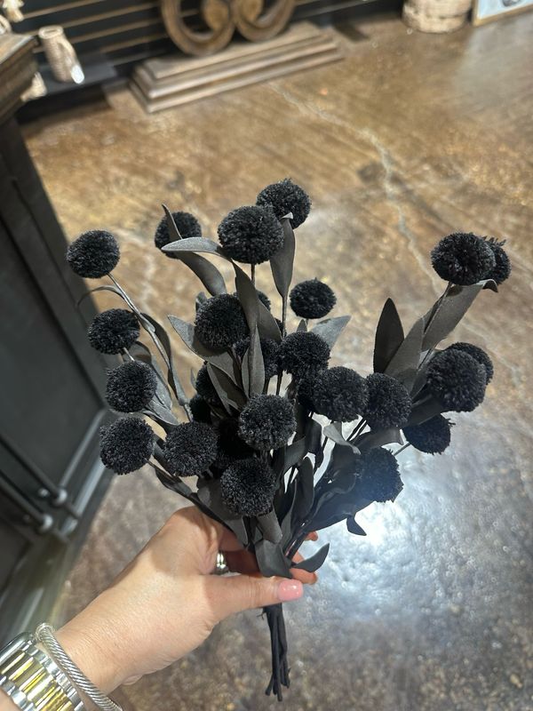 KKI 13" Black Pompom Pick w Black Eva Leaves Bundle 6 Stems