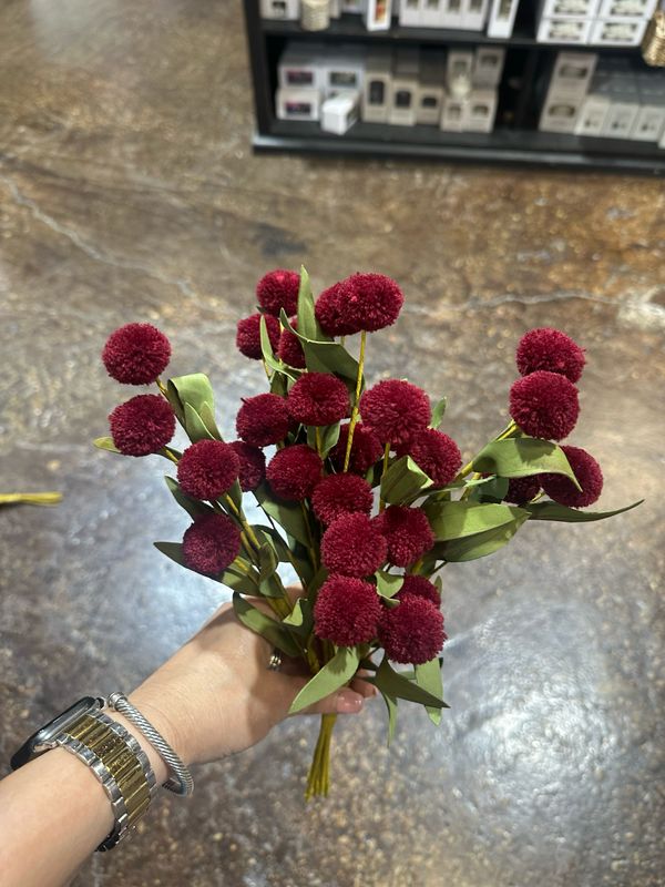 KKI 13" Burgundy Pompom Pick w Green Eva Leaves Bundle 6 Stems