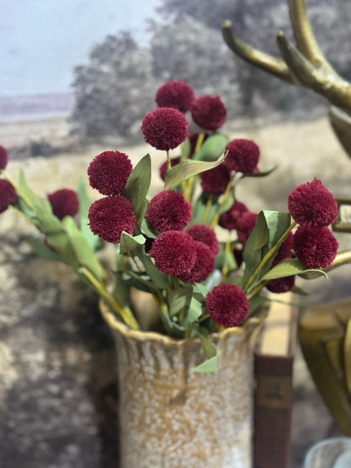 KKI 13" Burgundy Pompom Pick w Green Eva Leaves Bundle 6 Stems