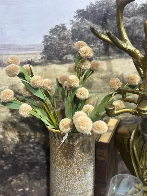 KKI 13" Tan Pompom Pick w Green Eva Leaves Bundle 6 Stems