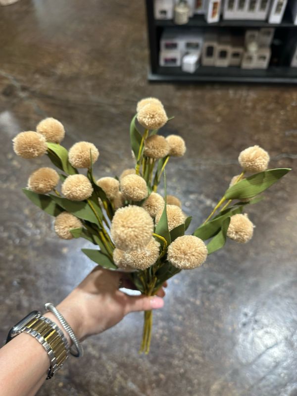 KKI 13" Tan Pompom Pick w Green Eva Leaves Bundle 6 Stems