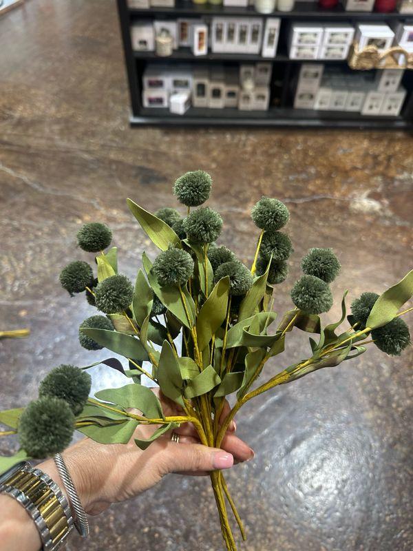 KKI 13" Green Pompom Pick w Green Eva Leaves Bundle 6 Stems