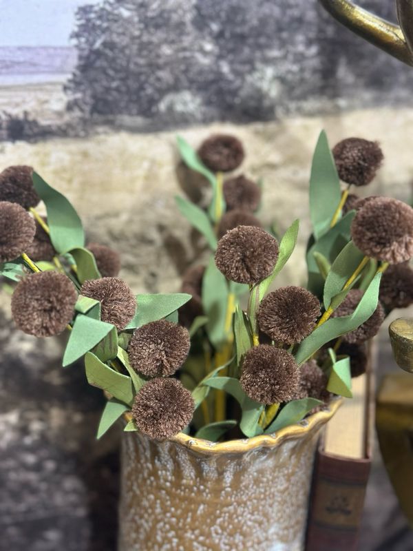 KKI 13" Dk Brown Pompom Pick w Green Eva Leaves Bundle 6 Stems