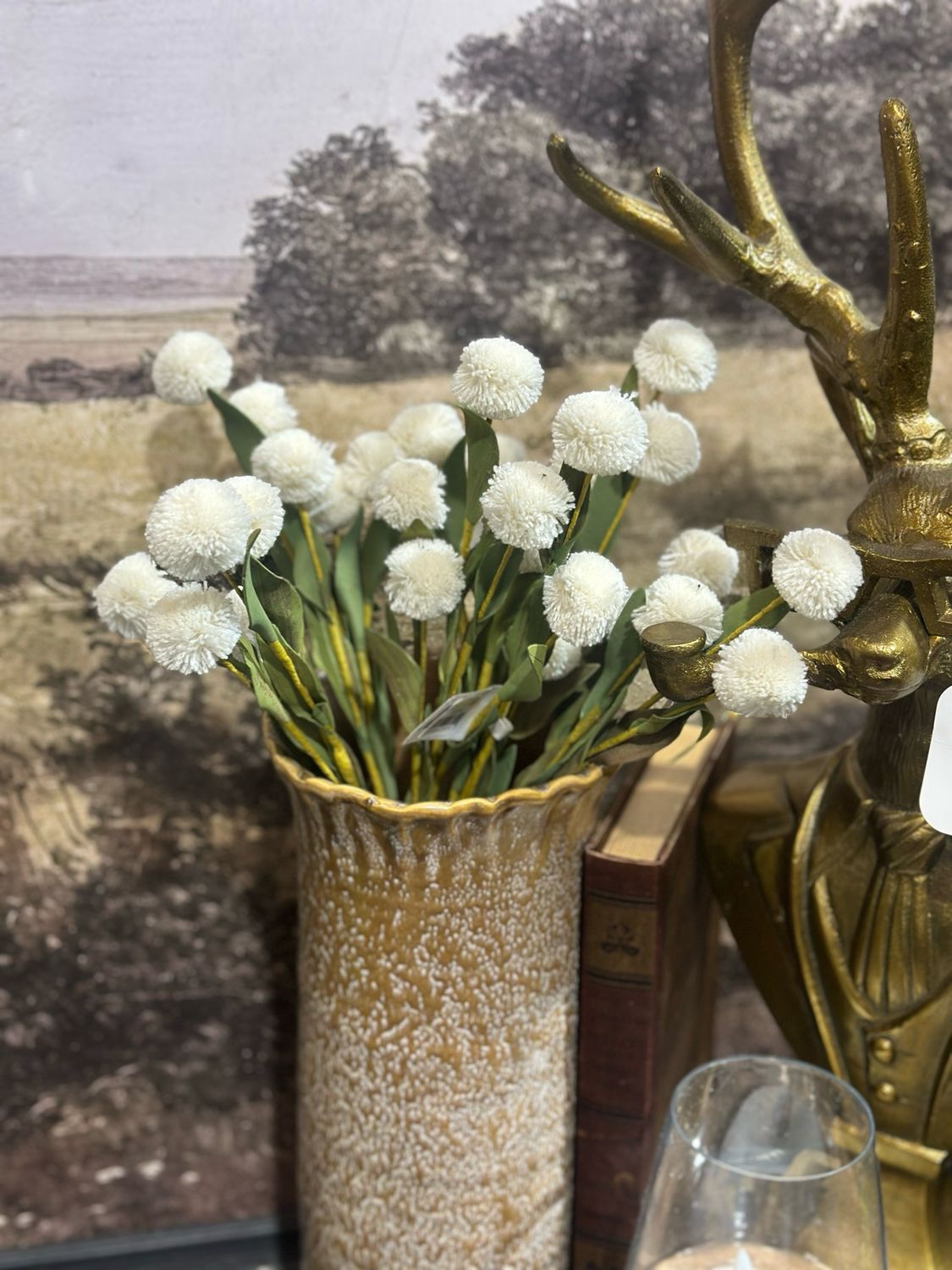 KKI 13" Cream Pompom Pick w Green Eva Leaves Bundle 6 Stems