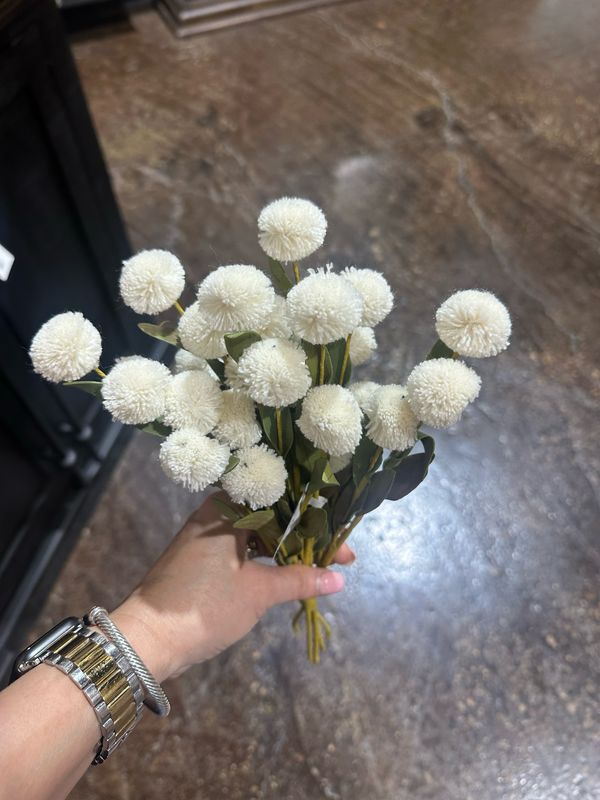 KKI 13" Cream Pompom Pick w Green Eva Leaves Bundle 6 Stems