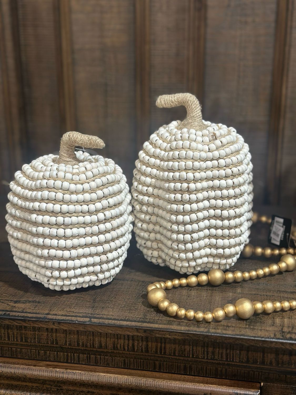 KKI 10" Cream Bead &amp; Jute Striped Pumpkin