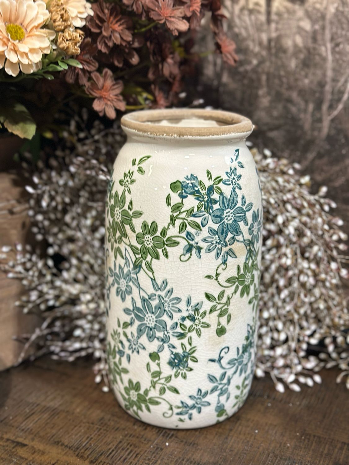 AB Blue Green Floral Vase 10"